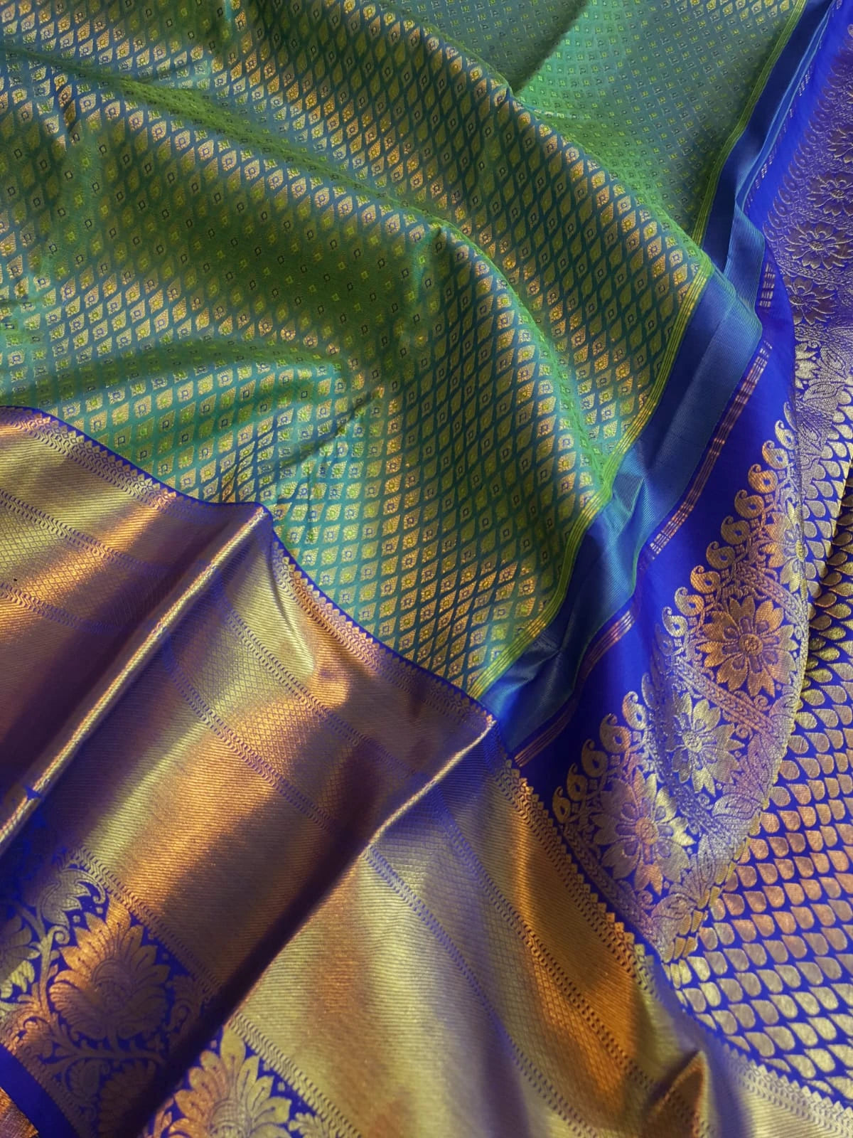 2G Pure  Kanjivaram Bridal Silk Saree with green & peacock blue| Silkmark Certified