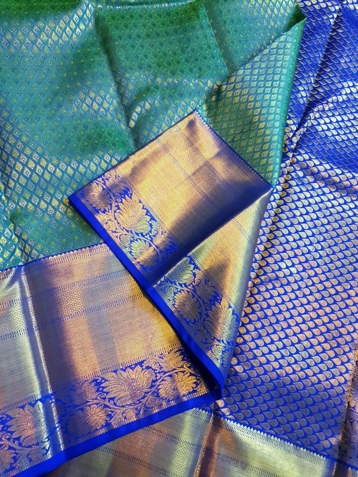 2G Pure  Kanjivaram Bridal Silk Saree with green & peacock blue| Silkmark Certified