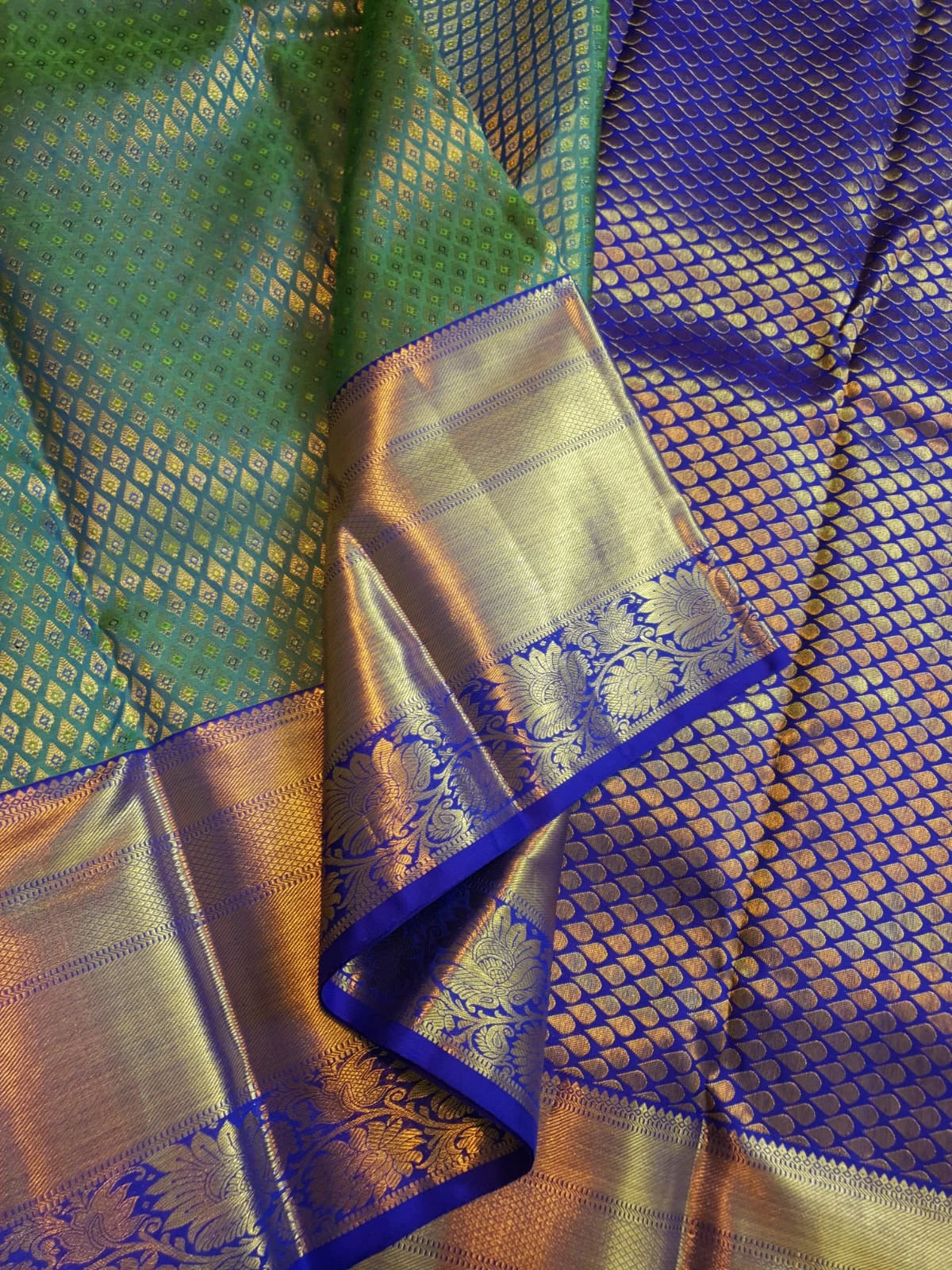 2G Pure  Kanjivaram Bridal Silk Saree with green & peacock blue| Silkmark Certified