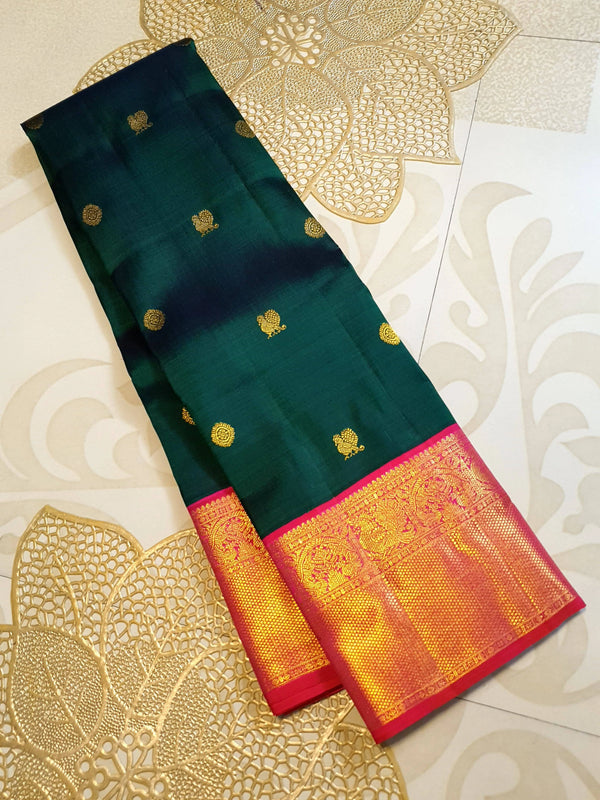 2G Korvai Pure Kanjivaram Silk Saree in Dark Green with Pink Red Zari Peacock Border & Peacock Butta | Silkmark Certified