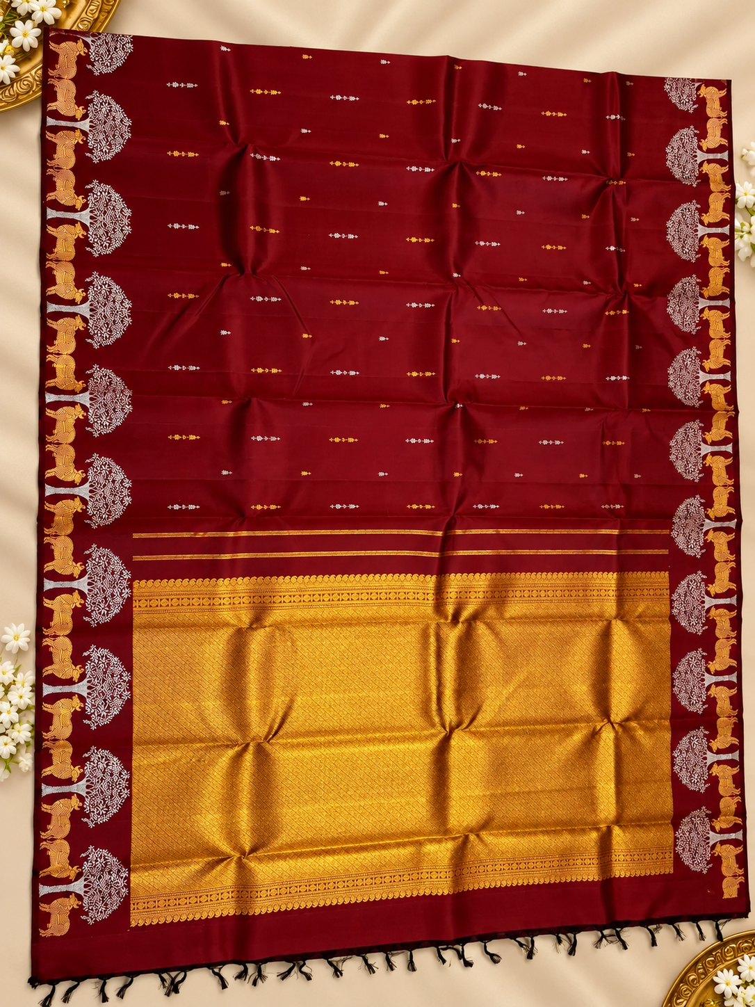 2G Pure Kanjivaram Silk Saree in Deep Maroon with Deer & Tree Zari Border | Silkmark Certified
