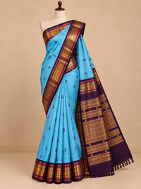 3Gram Pure Zari Kanjivaram Silk Saree in Light Ananda Blue with Rich Gold Zari Peacock Border & Traditional Broad Pallu | Silkmark Certified