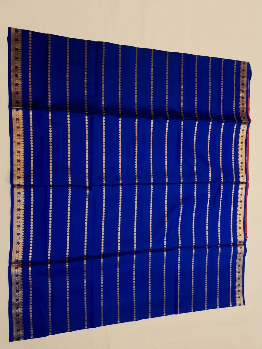 Pure Soft Silk Kanjivaram Silk Saree in Royal Blue with Gold Zari Stripes & Contrast Chilli Red Pallu | Silkmark Certified