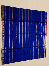 Pure Soft Silk Kanjivaram Silk Saree in Royal Blue with Gold Zari Stripes & Contrast Chilli Red Pallu | Silkmark Certified