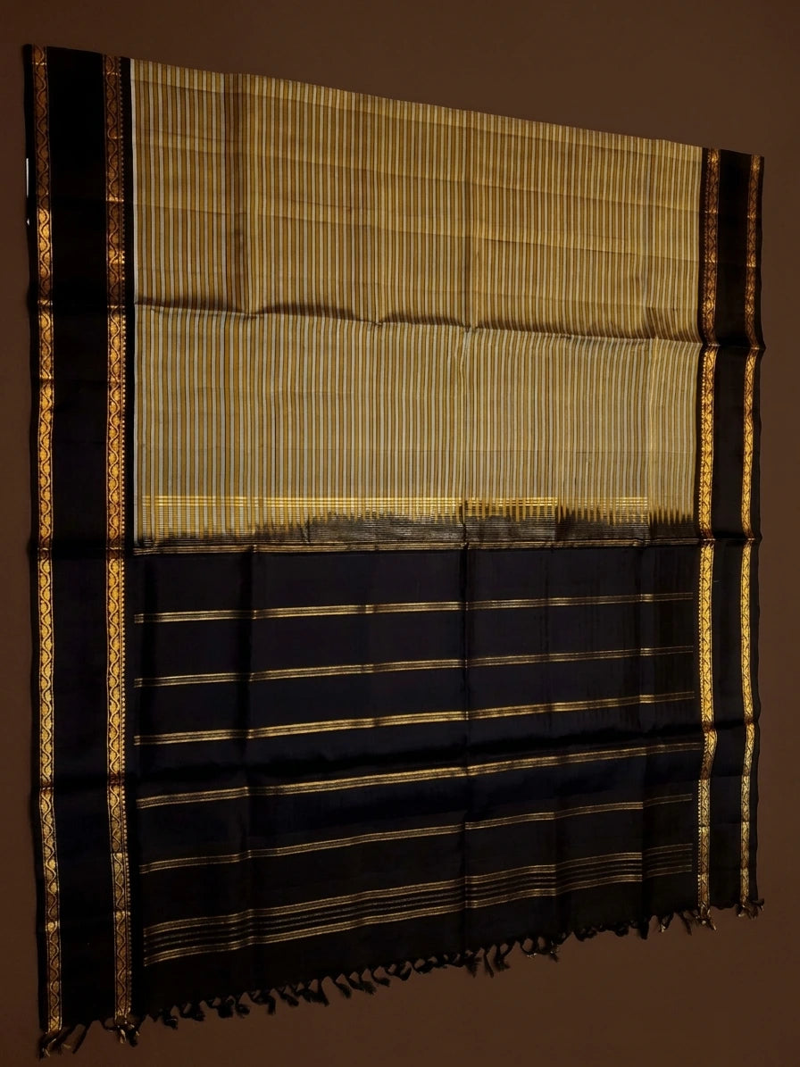 Lightweight Pure Kanjivaram Silk Saree in Mustard Yellow & Black with Gold Zari Stripes | Silkmark Certified