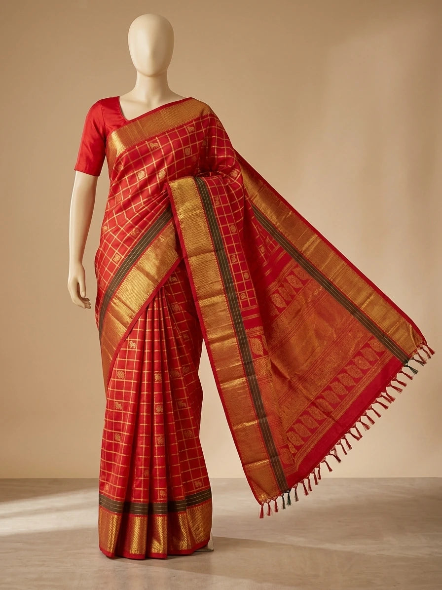 3Gram Pure Zari Kanjivaram Silk Saree in Traditional Red  | Silkmark Certified