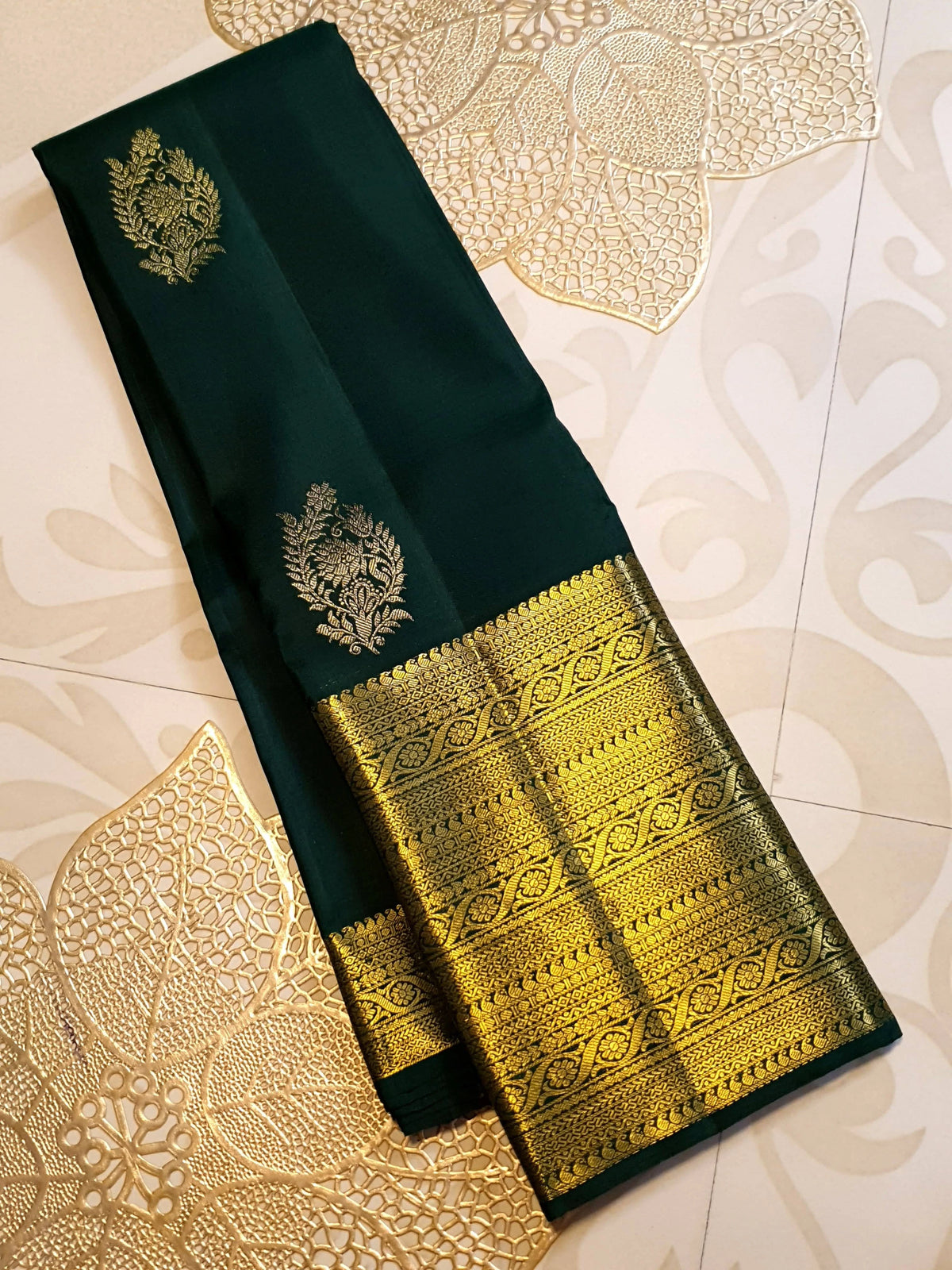 2Gram Pure Kanjivaram Silk Saree - Dark Green | Silkmark Certified