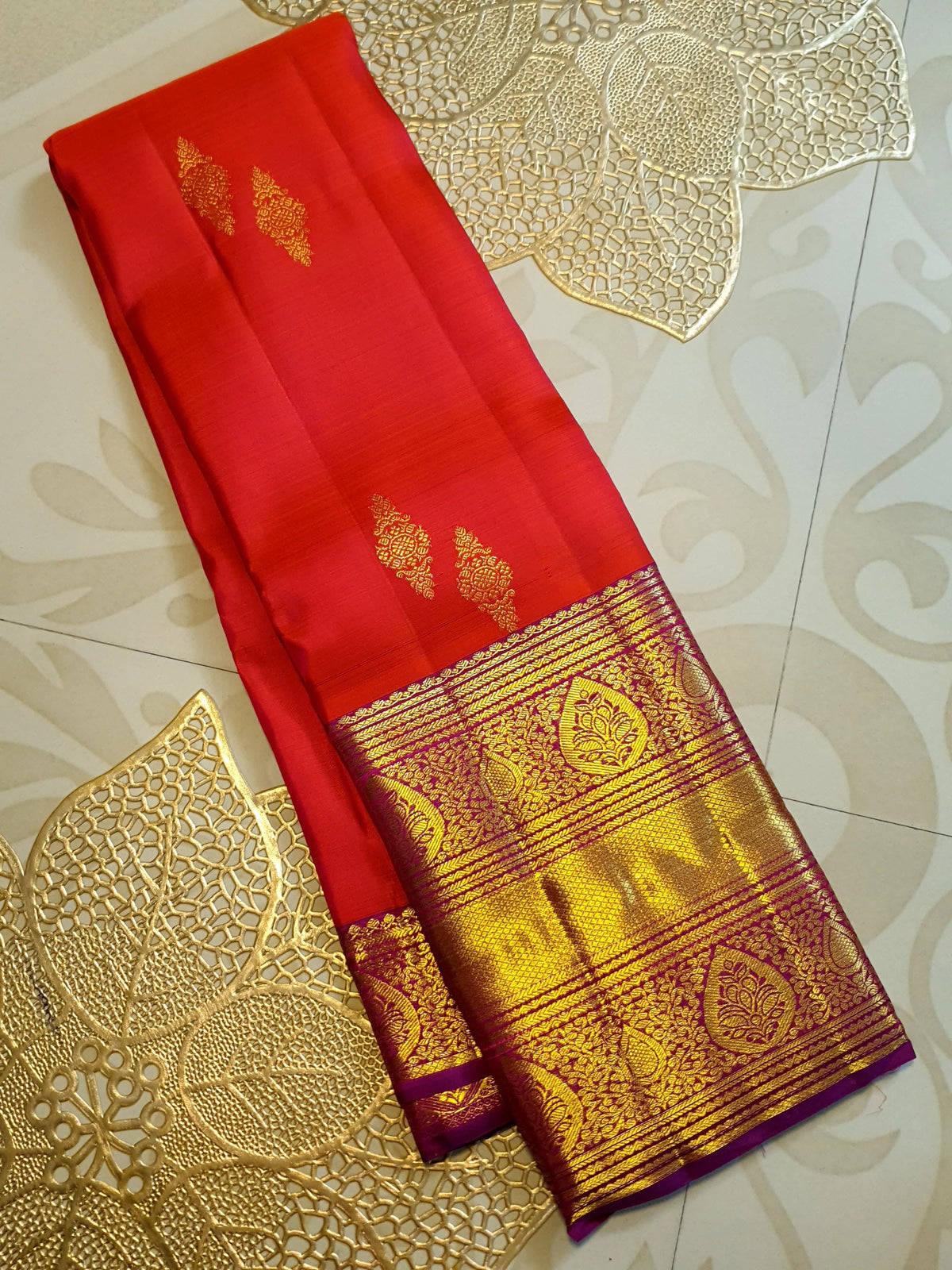 2Gram Pure Kanjivaram Silk Saree - Coral Orange  | Silkmark Certified
