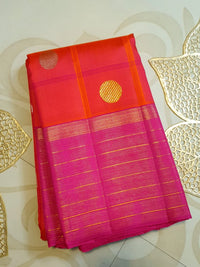 2G Pure Kanjivaram Silk Saree in Vibrant Coral Pink with Magenta Checks, Multicolour Coin Buttas & Rich Magenta Zari Border | Silkmark Certified