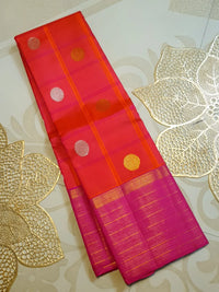 2G Pure Kanjivaram Silk Saree in Vibrant Coral Pink with Magenta Checks, Multicolour Coin Buttas & Rich Magenta Zari Border | Silkmark Certified