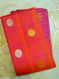 2G Pure Kanjivaram Silk Saree in Vibrant Coral Pink with Magenta Checks, Multicolour Coin Buttas & Rich Magenta Zari Border | Silkmark Certified