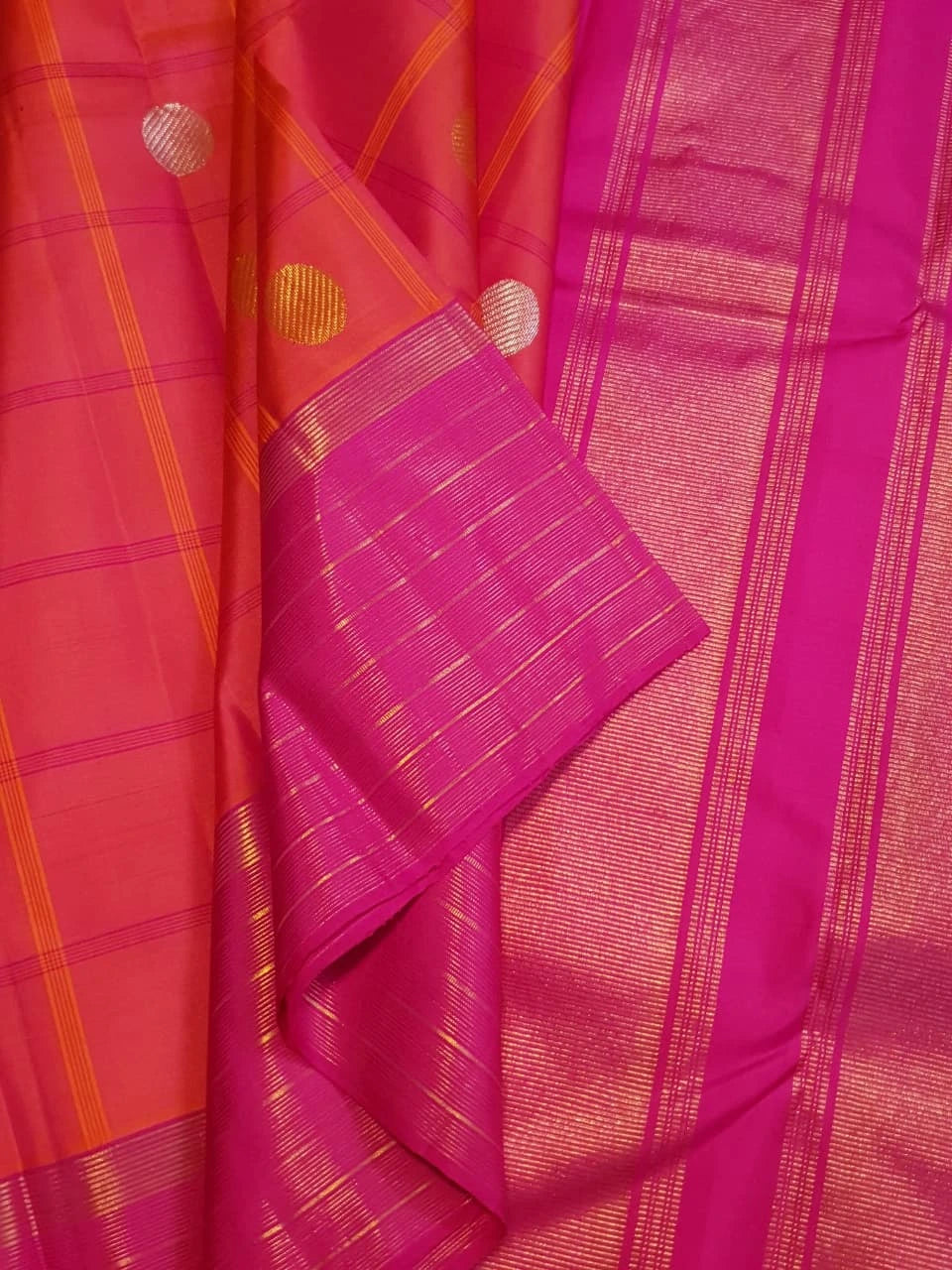 2G Pure Kanjivaram Silk Saree in Vibrant Coral Pink with Magenta Checks, Multicolour Coin Buttas & Rich Magenta Zari Border | Silkmark Certified
