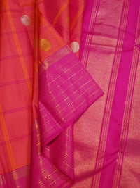 2G Pure Kanjivaram Silk Saree in Vibrant Coral Pink with Magenta Checks, Multicolour Coin Buttas & Rich Magenta Zari Border | Silkmark Certified