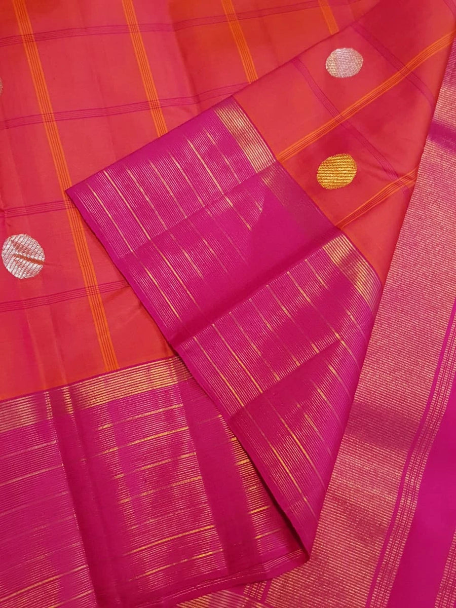 2G Pure Kanjivaram Silk Saree in Vibrant Coral Pink with Magenta Checks, Multicolour Coin Buttas & Rich Magenta Zari Border | Silkmark Certified