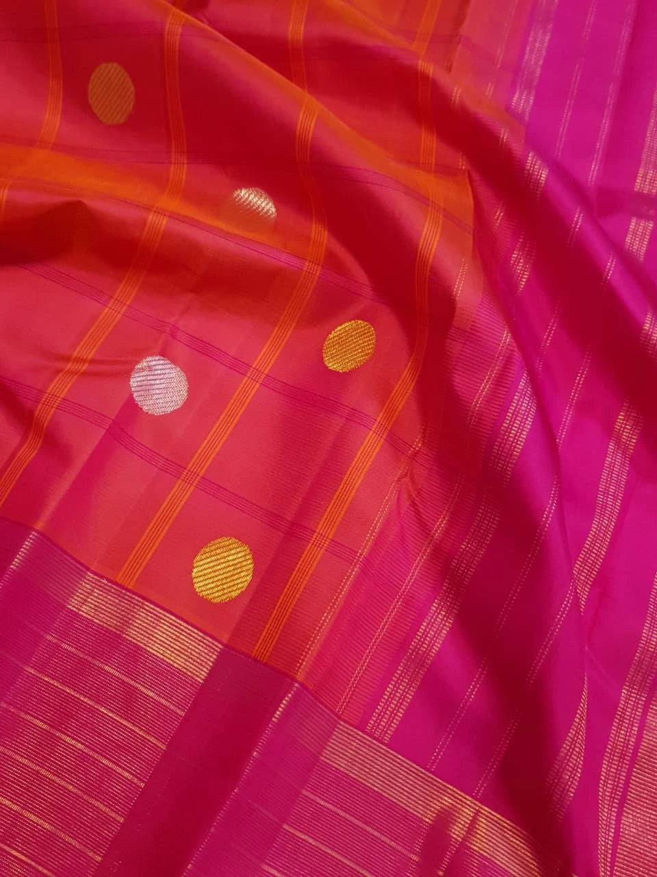 2G Pure Kanjivaram Silk Saree in Vibrant Coral Pink with Magenta Checks, Multicolour Coin Buttas & Rich Magenta Zari Border | Silkmark Certified