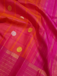 2G Pure Kanjivaram Silk Saree in Vibrant Coral Pink with Magenta Checks, Multicolour Coin Buttas & Rich Magenta Zari Border | Silkmark Certified