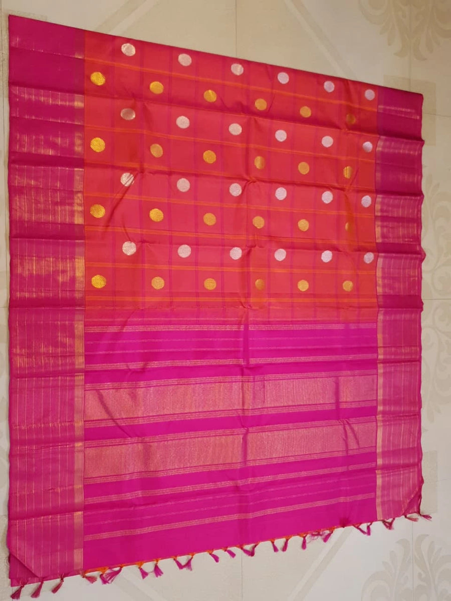 2G Pure Kanjivaram Silk Saree in Vibrant Coral Pink with Magenta Checks, Multicolour Coin Buttas & Rich Magenta Zari Border | Silkmark Certified