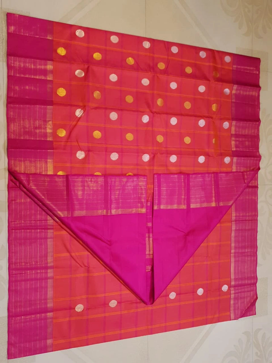 2G Pure Kanjivaram Silk Saree in Vibrant Coral Pink with Magenta Checks, Multicolour Coin Buttas & Rich Magenta Zari Border | Silkmark Certified