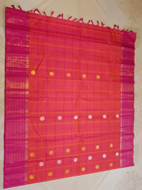 2G Pure Kanjivaram Silk Saree in Vibrant Coral Pink with Magenta Checks, Multicolour Coin Buttas & Rich Magenta Zari Border | Silkmark Certified