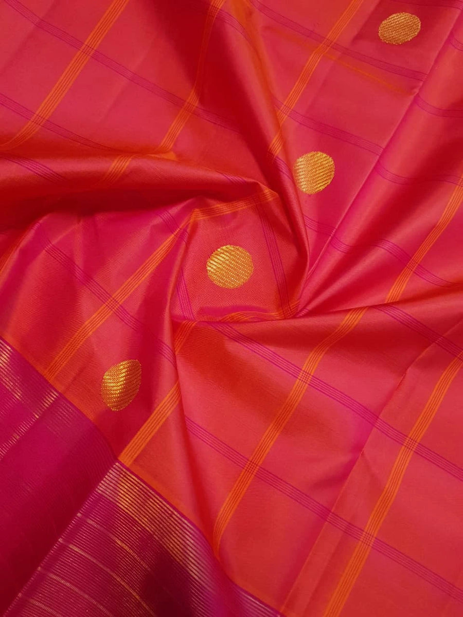 2G Pure Kanjivaram Silk Saree in Vibrant Coral Pink with Magenta Checks, Multicolour Coin Buttas & Rich Magenta Zari Border | Silkmark Certified