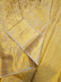 2G Pure Kanjivaram Silk Saree in Cream Gold with All-Over Floral Zari Brocade and Rich Gold Zari Border | Silkmark Certified