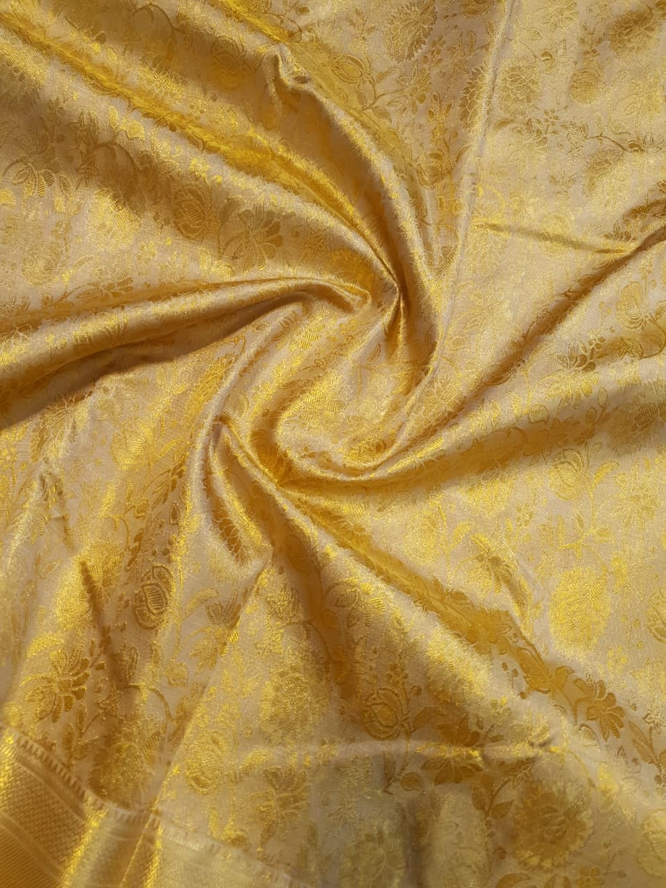2G Pure Kanjivaram Silk Saree in Cream Gold with All-Over Floral Zari Brocade and Rich Gold Zari Border | Silkmark Certified