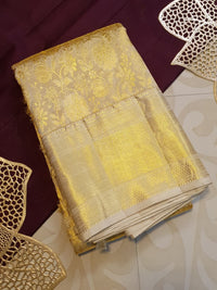 2G Pure Kanjivaram Silk Saree in Cream Gold with All-Over Floral Zari Brocade and Rich Gold Zari Border | Silkmark Certified