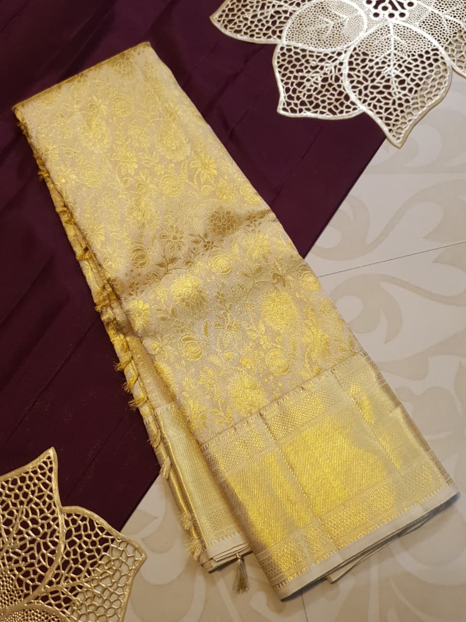 2G Pure Kanjivaram Silk Saree in Cream Gold with All-Over Floral Zari Brocade and Rich Gold Zari Border | Silkmark Certified
