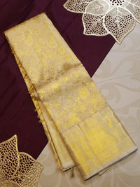 2G Pure Kanjivaram Silk Saree in Cream Gold with All-Over Floral Zari Brocade and Rich Gold Zari Border | Silkmark Certified