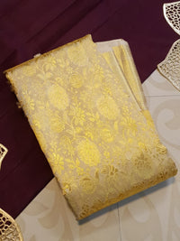 2G Pure Kanjivaram Silk Saree in Cream Gold with All-Over Floral Zari Brocade and Rich Gold Zari Border | Silkmark Certified
