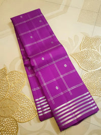 2G Pure Kanjivaram Silk Saree in Rich Purple with Silver Zari Checks & Floral Buttas | Silkmark Certified