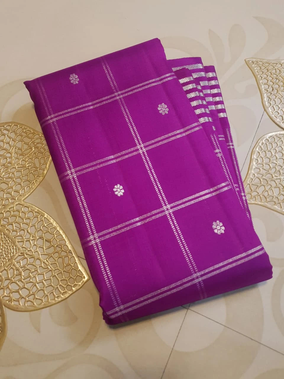 2G Pure Kanjivaram Silk Saree in Rich Purple with Silver Zari Checks & Floral Buttas | Silkmark Certified