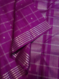 2G Pure Kanjivaram Silk Saree in Rich Purple with Silver Zari Checks & Floral Buttas | Silkmark Certified