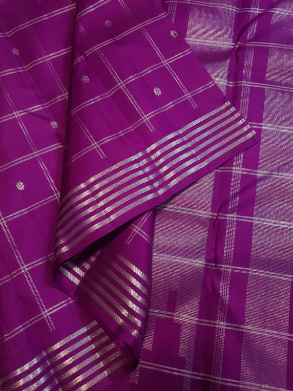2G Pure Kanjivaram Silk Saree in Rich Purple with Silver Zari Checks & Floral Buttas | Silkmark Certified