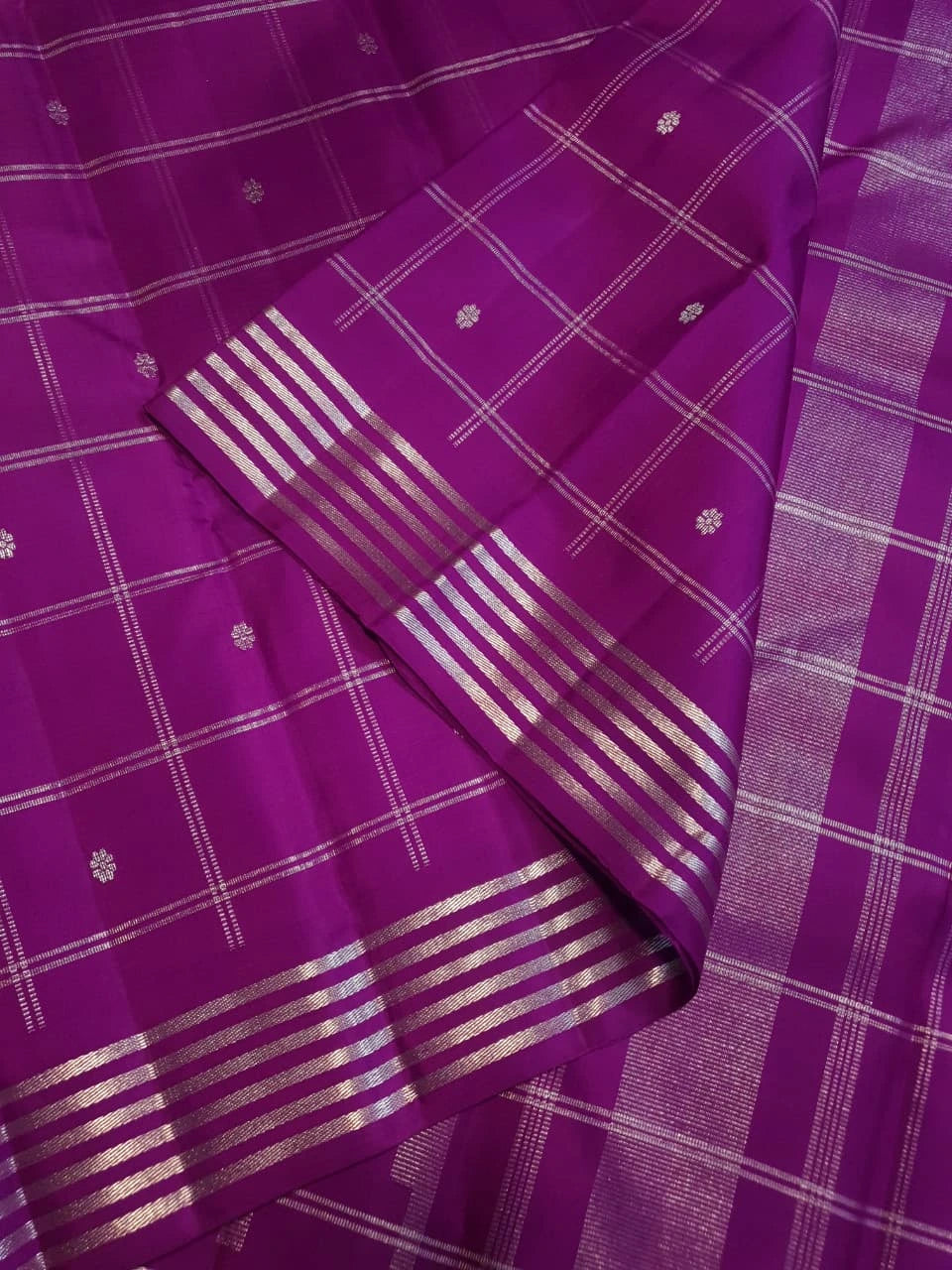 2G Pure Kanjivaram Silk Saree in Rich Purple with Silver Zari Checks & Floral Buttas | Silkmark Certified