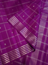 2G Pure Kanjivaram Silk Saree in Rich Purple with Silver Zari Checks & Floral Buttas | Silkmark Certified