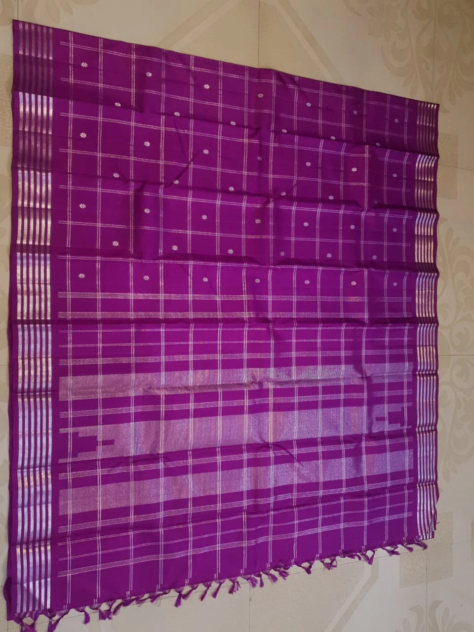 2G Pure Kanjivaram Silk Saree in Rich Purple with Silver Zari Checks & Floral Buttas | Silkmark Certified