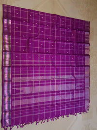 2G Pure Kanjivaram Silk Saree in Rich Purple with Silver Zari Checks & Floral Buttas | Silkmark Certified