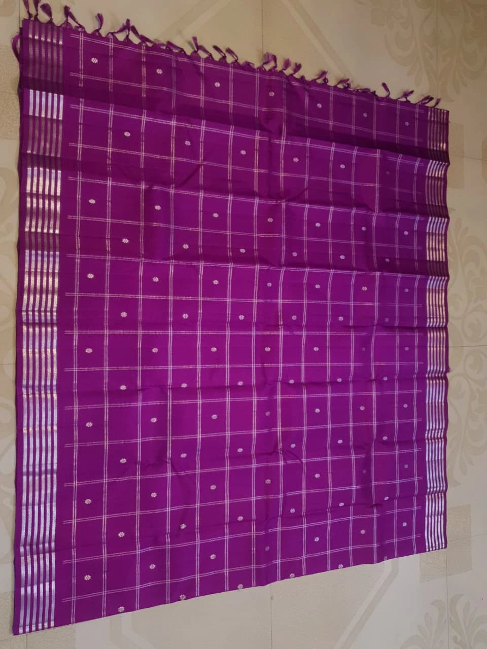 2G Pure Kanjivaram Silk Saree in Rich Purple with Silver Zari Checks & Floral Buttas | Silkmark Certified