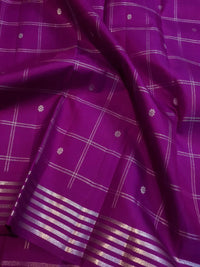 2G Pure Kanjivaram Silk Saree in Rich Purple with Silver Zari Checks & Floral Buttas | Silkmark Certified