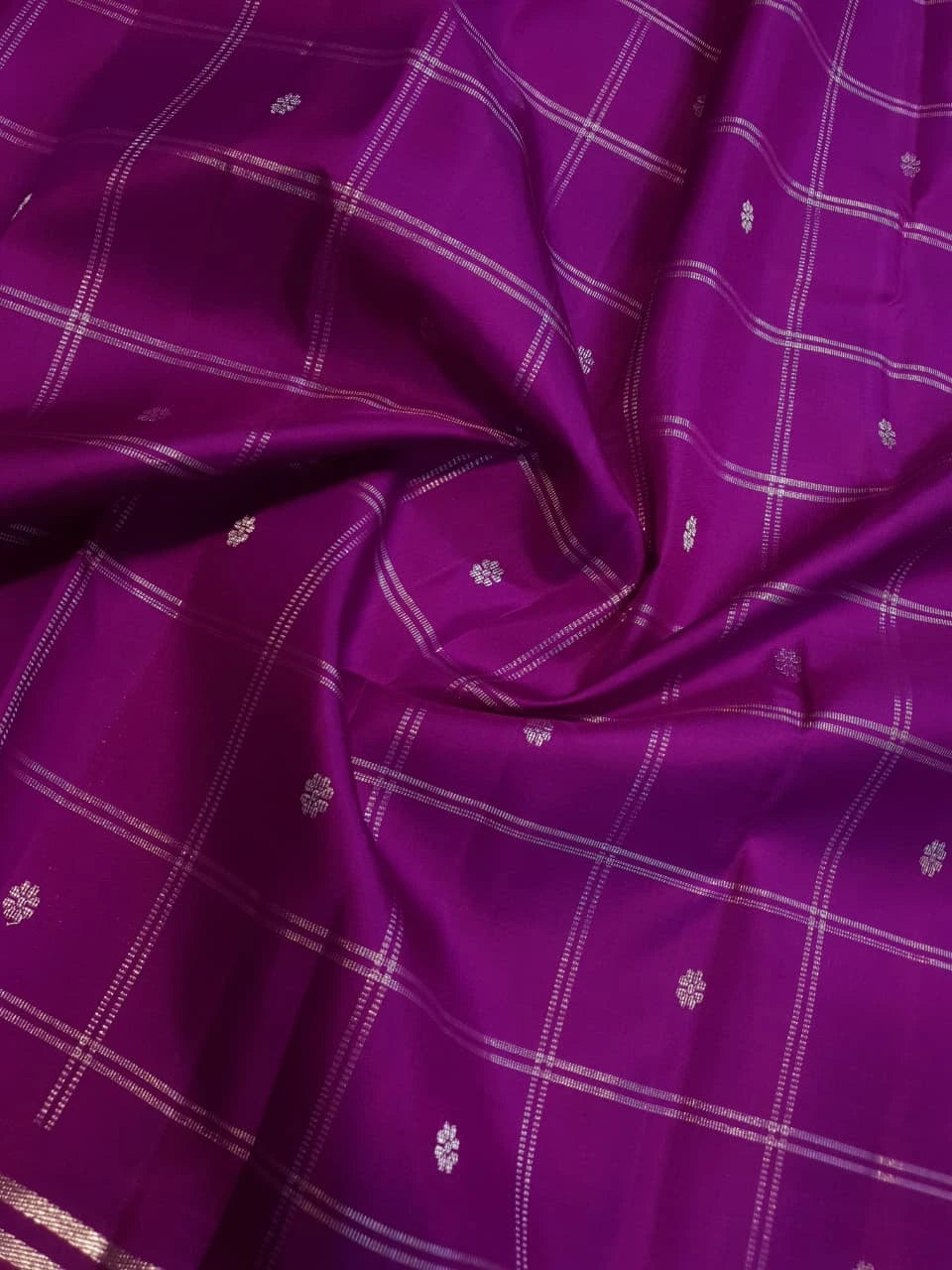 2G Pure Kanjivaram Silk Saree in Rich Purple with Silver Zari Checks & Floral Buttas | Silkmark Certified