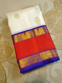 2G Pure Kanjivaram Silk Saree with White Bright Red & Royal Blue Zari Border and Gold Butta | Silkmark Certified