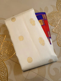 2G Pure Kanjivaram Silk Saree with White Bright Red & Royal Blue Zari Border and Gold Butta | Silkmark Certified