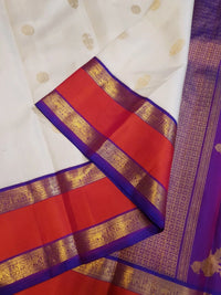 2G Pure Kanjivaram Silk Saree with White Bright Red & Royal Blue Zari Border and Gold Butta | Silkmark Certified