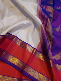 2G Pure Kanjivaram Silk Saree with White Bright Red & Royal Blue Zari Border and Gold Butta | Silkmark Certified