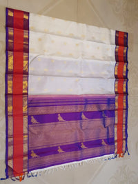 2G Pure Kanjivaram Silk Saree with White Bright Red & Royal Blue Zari Border and Gold Butta | Silkmark Certified
