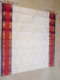 2G Pure Kanjivaram Silk Saree with White Bright Red & Royal Blue Zari Border and Gold Butta | Silkmark Certified