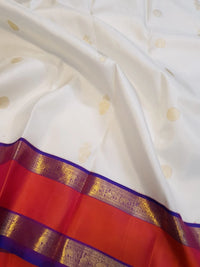 2G Pure Kanjivaram Silk Saree with White Bright Red & Royal Blue Zari Border and Gold Butta | Silkmark Certified