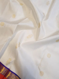 2G Pure Kanjivaram Silk Saree with White Bright Red & Royal Blue Zari Border and Gold Butta | Silkmark Certified