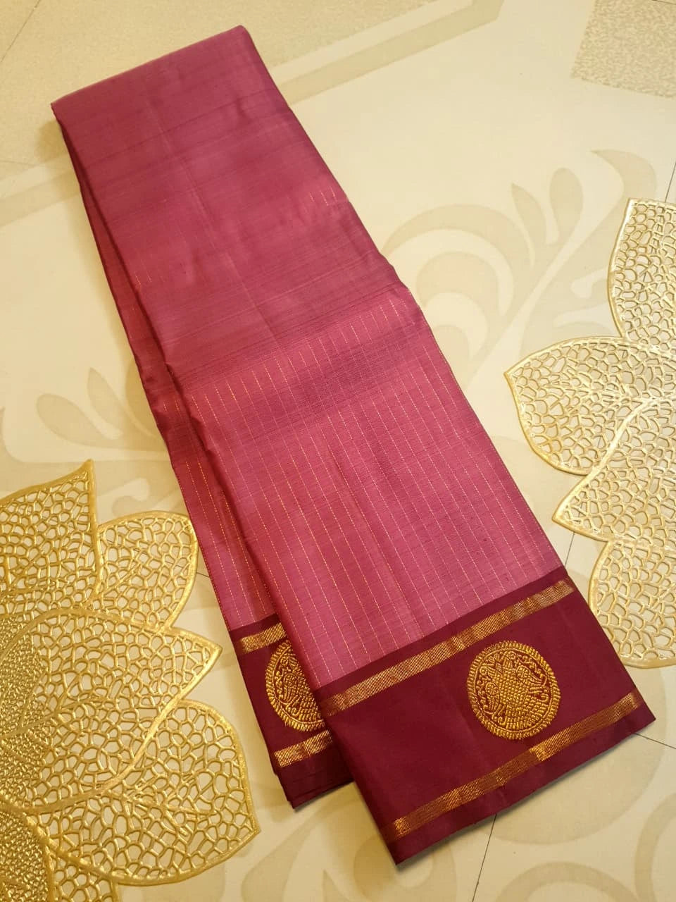 2G Pure Kanjivaram Silk Saree in Magenta Pink with Maroon Border & Gold Zari Peacock Buttas | Silkmark Certified